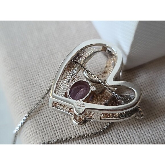 Italian 925 Sterling Silver Amethyst Scrolled Heart Pendant Necklace Vintage - Picture 5 of 10